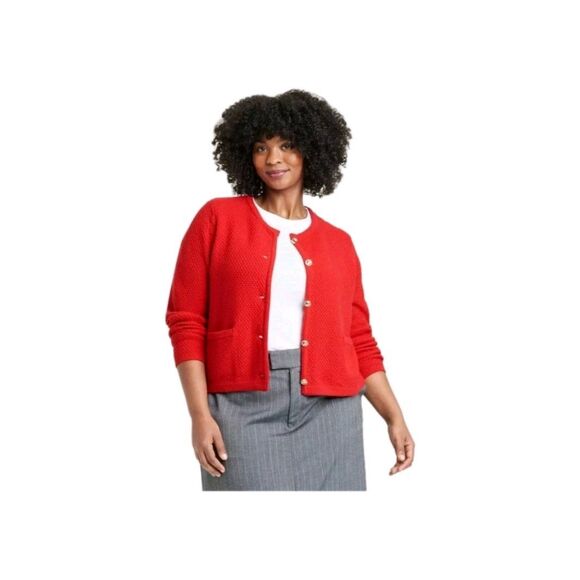 A New Day NWT 3X Red Ribbed Cuff Gold Button-Front Cardigan Sweater - Picture 11 of 11